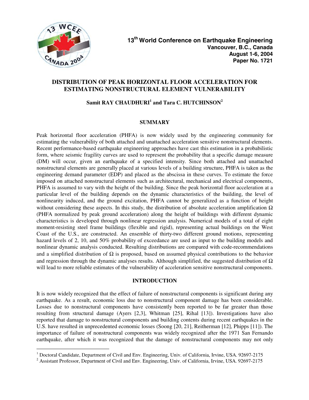 Distribution of Peak Horizontal Floor Acceleration for Estimating Nonstructural Element Vulnerability