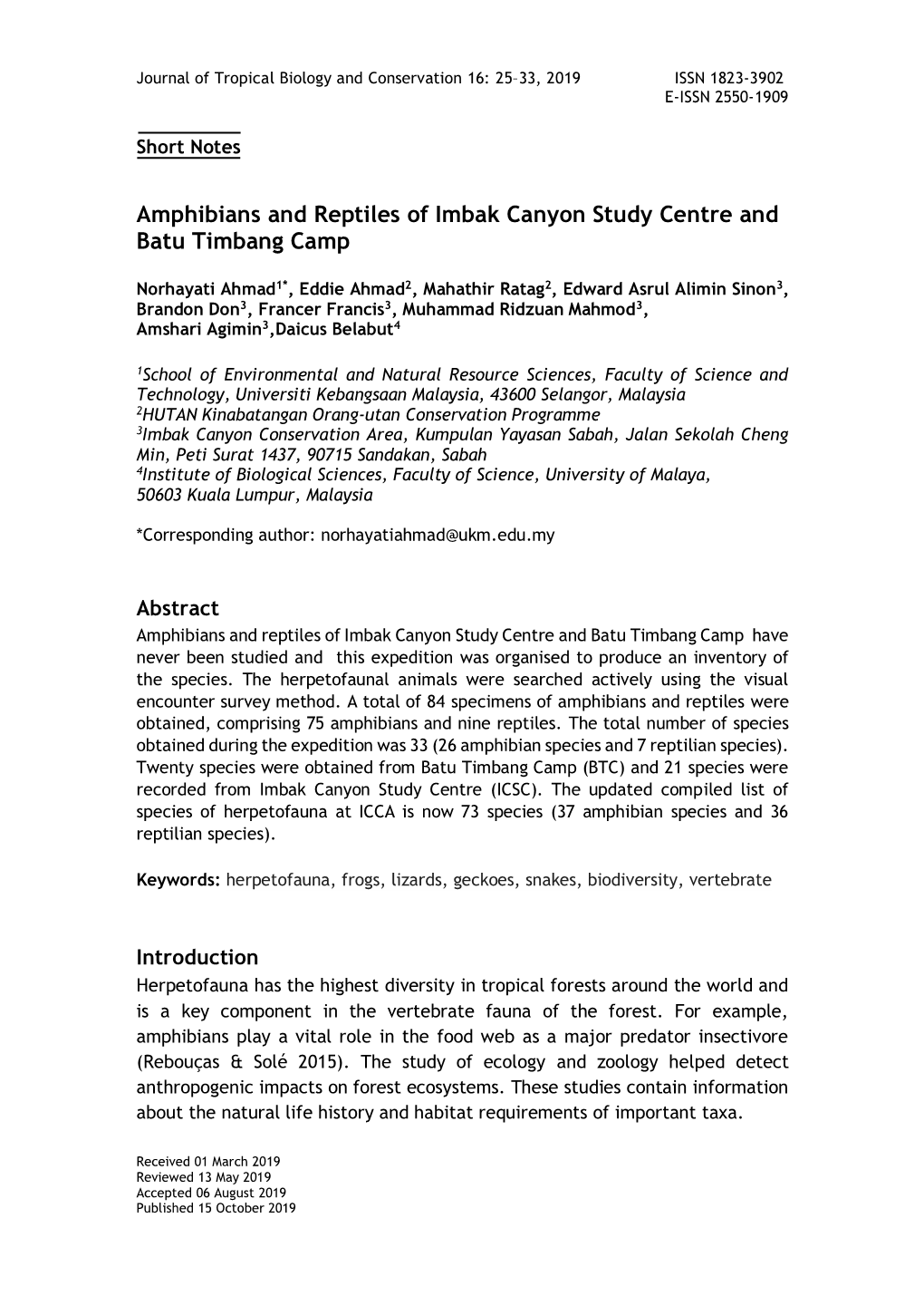 Amphibians and Reptiles of Imbak Canyon Study Centre and Batu Timbang Camp