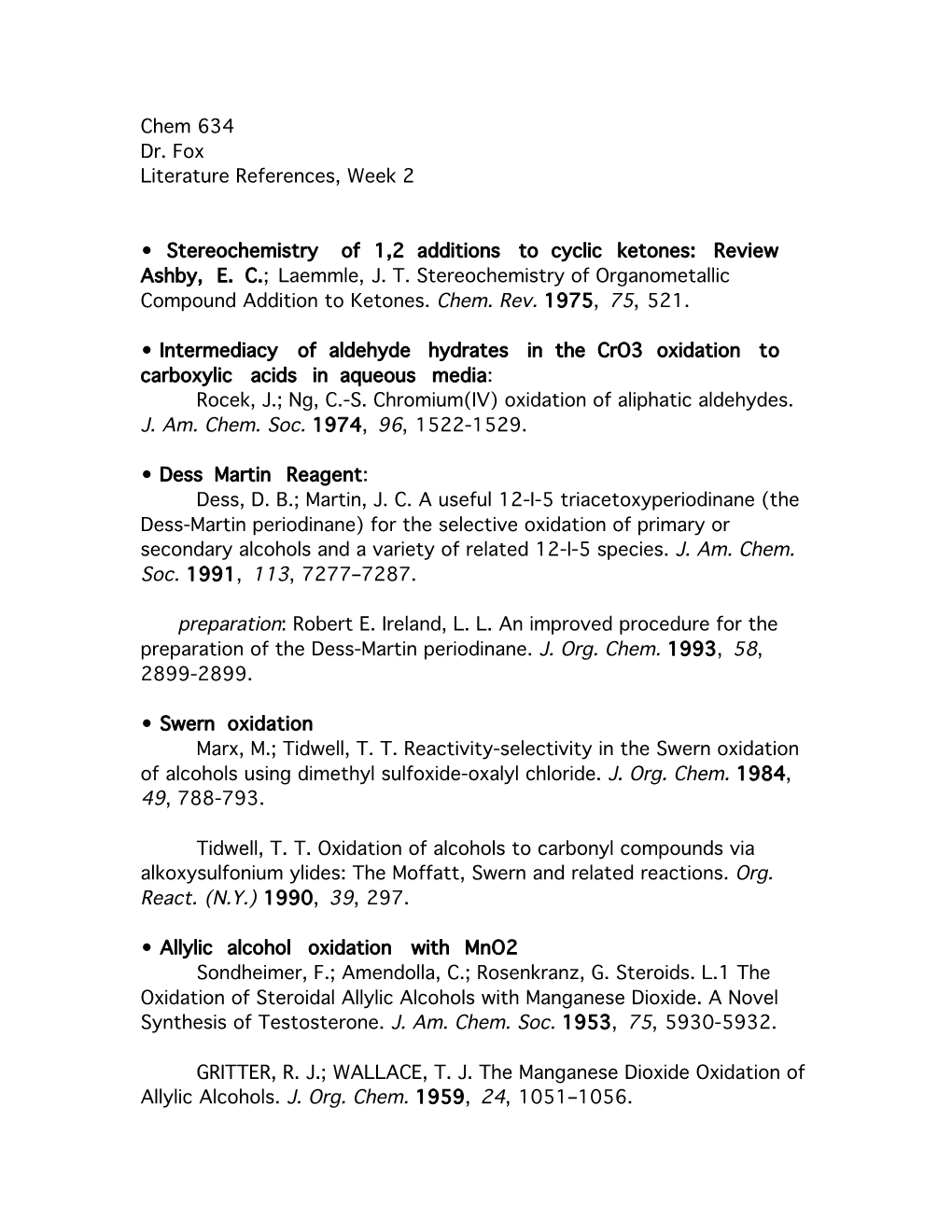 Chem 634 Dr. Fox Literature References, Week 2