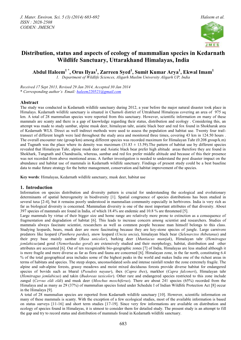 Distribution, Status and Aspects of Ecology of Mammalian Species in Kedarnath Wildlife Sanctuary, Uttarakhand Himalayas, India