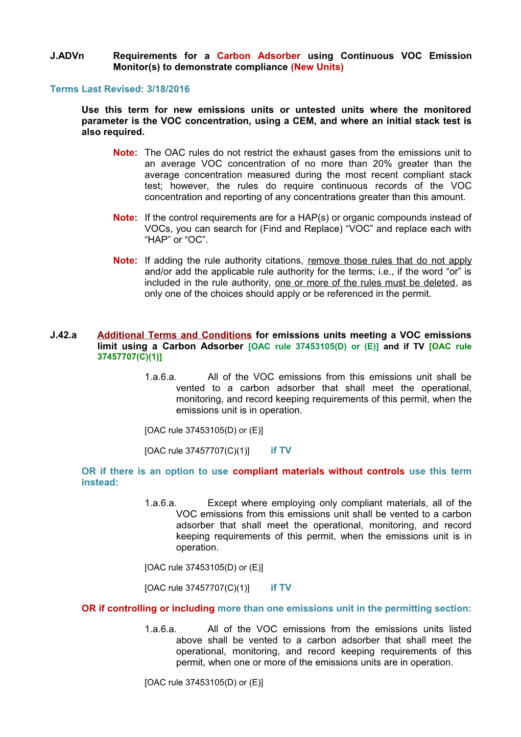 J.Advn Requirements for a Carbon Adsorber Using Continuous VOC Emission Monitor(S) To