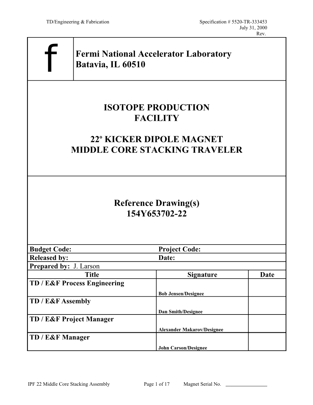 TD/Engineering & Fabrication Specification # 5520-TR-333453