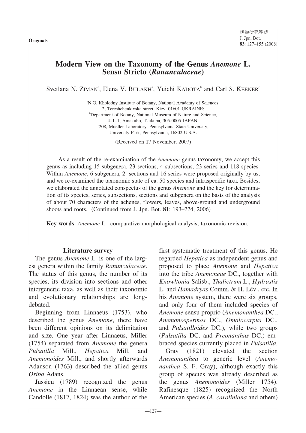 Modern View on the Taxonomy of the Genus Anemone L. Sensu Stricto (Ranunculaceae)