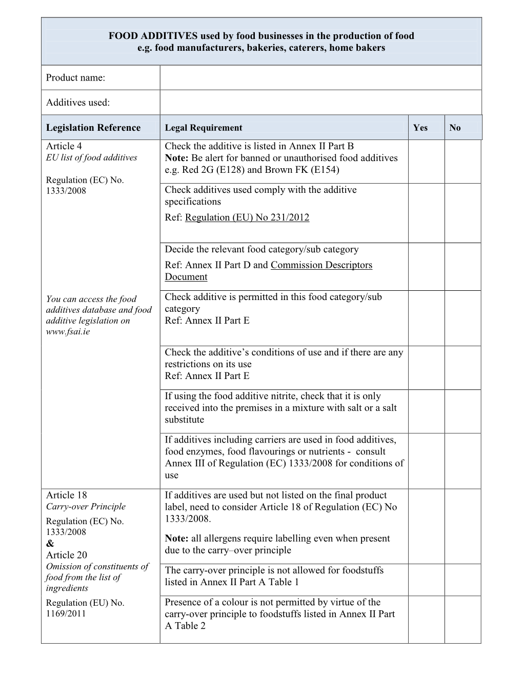 FOOD ADDITIVES Used by Food Businesses in the Production of Food E.G