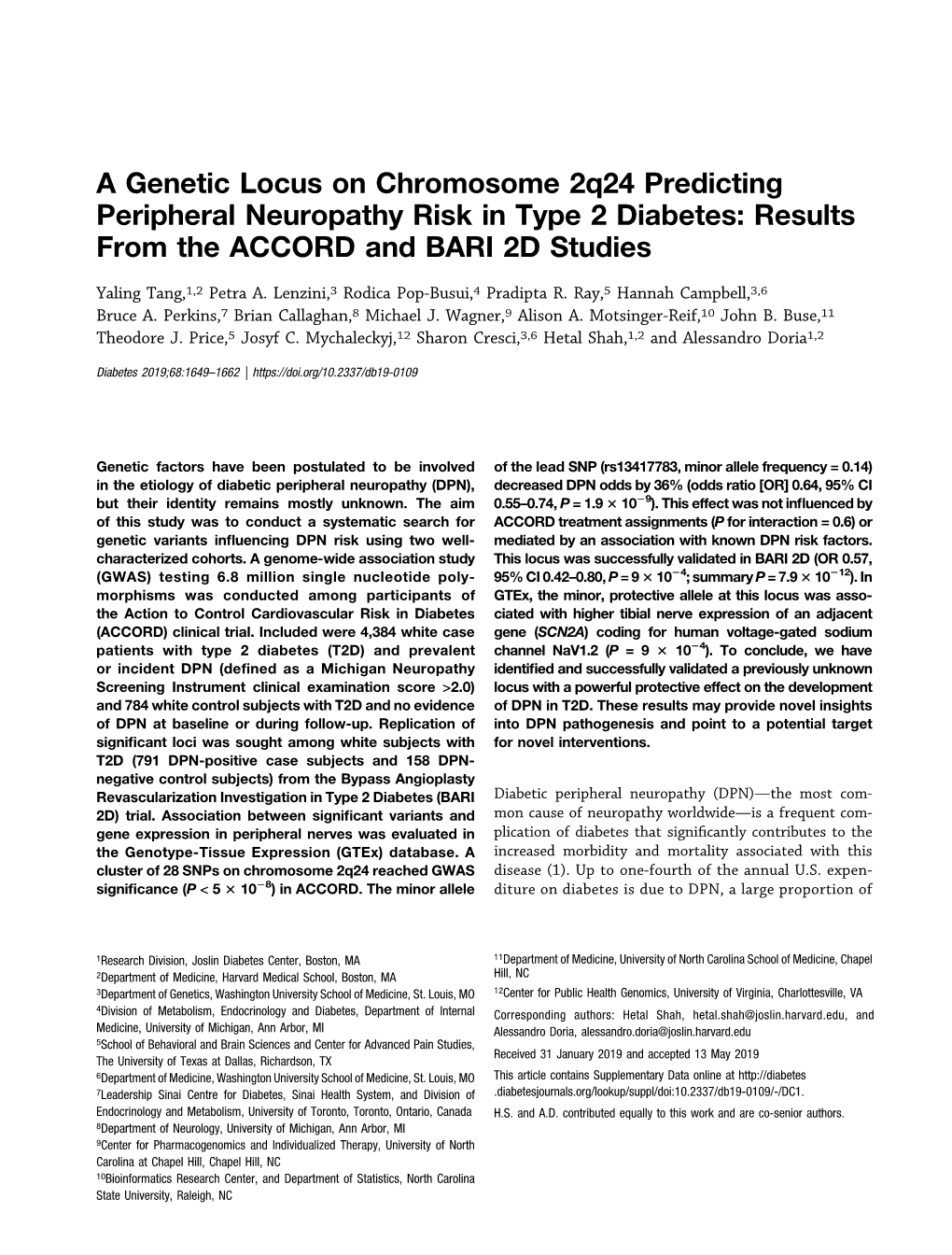A Genetic Locus on Chromosome 2Q24 Predicting Peripheral Neuropathy Risk in Type 2 Diabetes: Results from the ACCORD and BARI 2D Studies