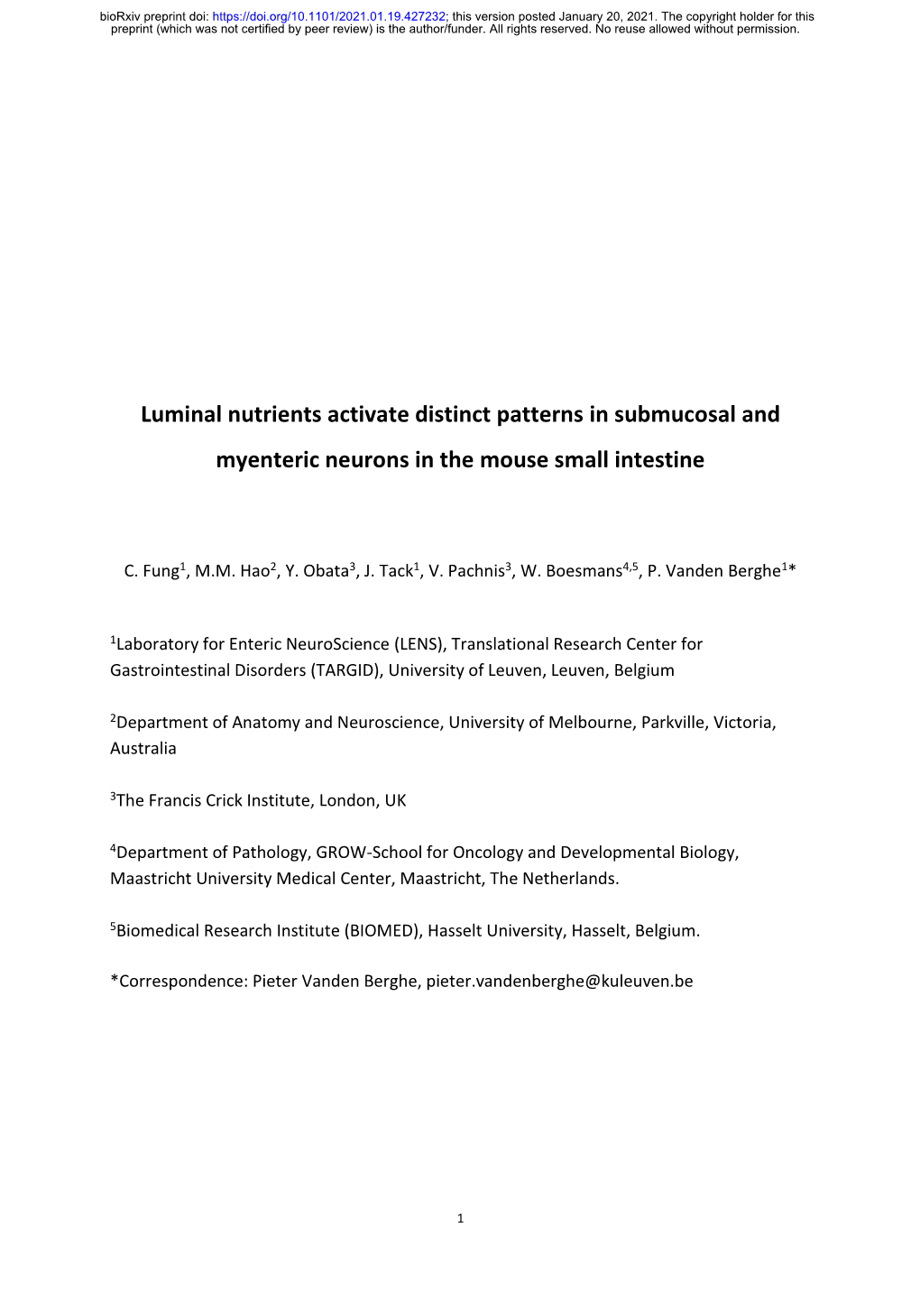 Luminal Nutrients Activate Distinct Patterns in Submucosal and Myenteric Neurons in the Mouse Small Intestine