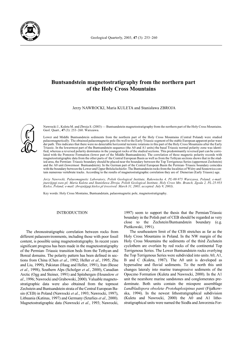 Buntsandstein Magnetostratigraphy from the Northern Part of the Holy Cross Mountains