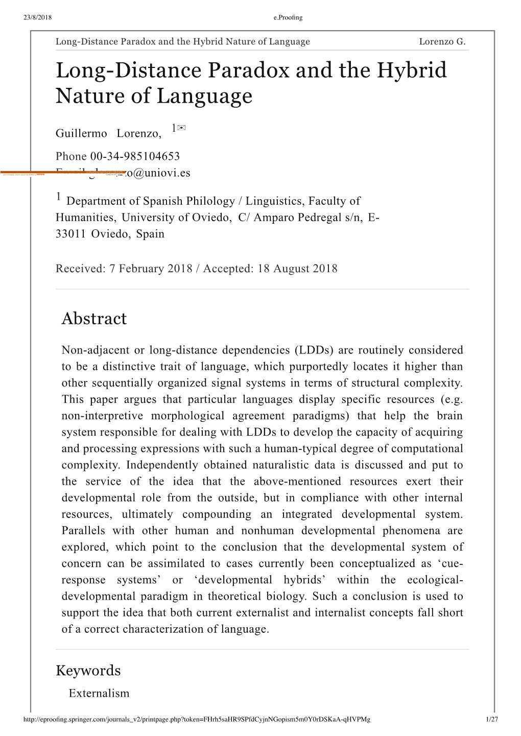 Long-Distance Paradox and the Hybrid Nature of Language Lorenzo G