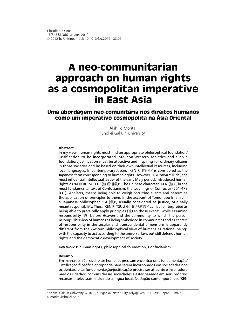 A Neo-Communitarian Approach on Human Rights As a Cosmopolitan Imperative in East Asia