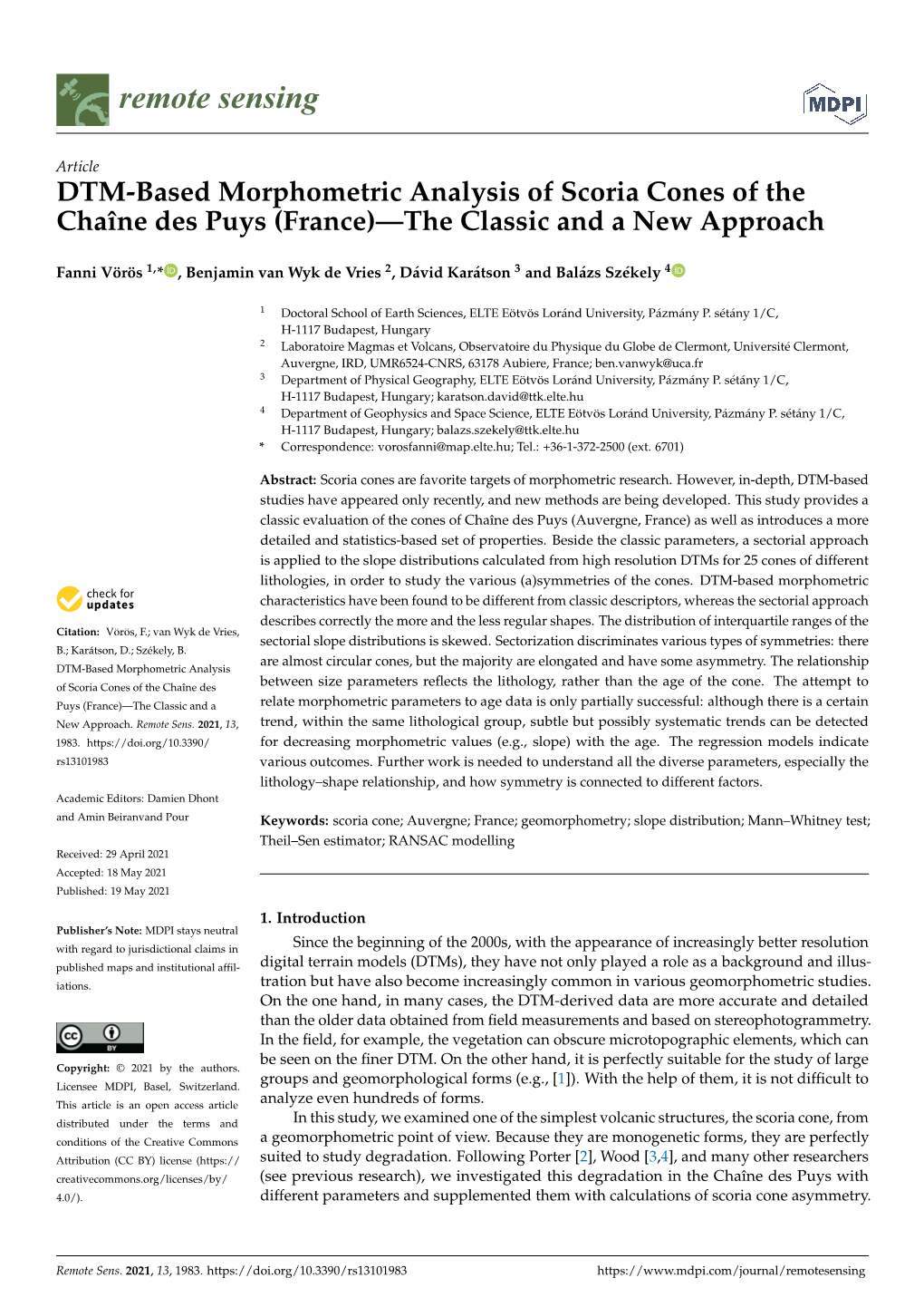 DTM-Based Morphometric Analysis of Scoria Cones of the Chaîne Des Puys (France)—The Classic and a New Approach