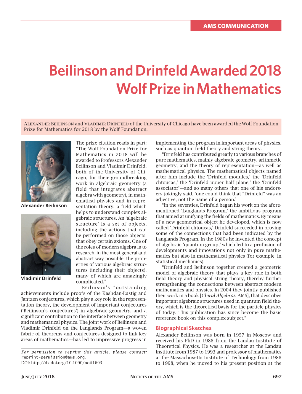 Beilinson and Drinfeld Awarded 2018 Wolf Prize in Mathematics