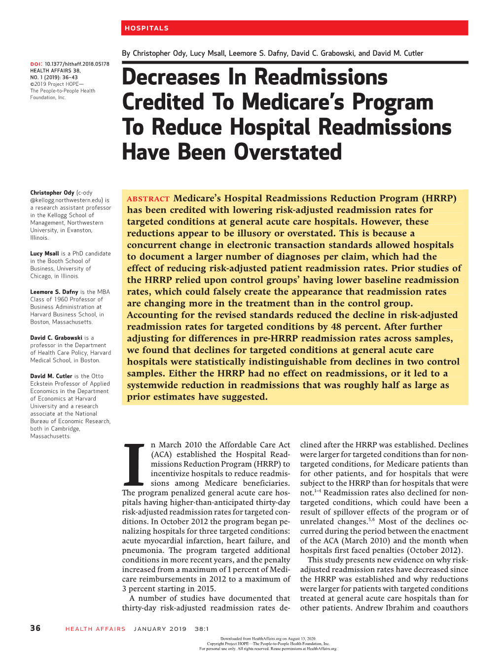 Decreases in Readmissions Credited to Medicare's Program to Reduce