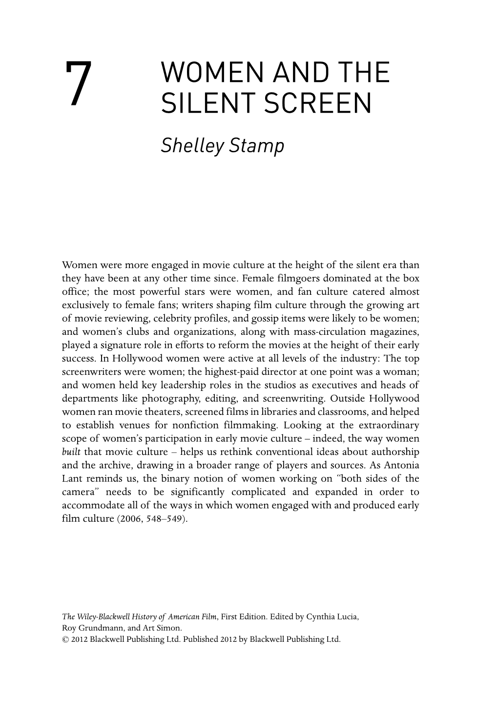 "Women and the Silent Screen" In: Wiley-Blackwell History of American