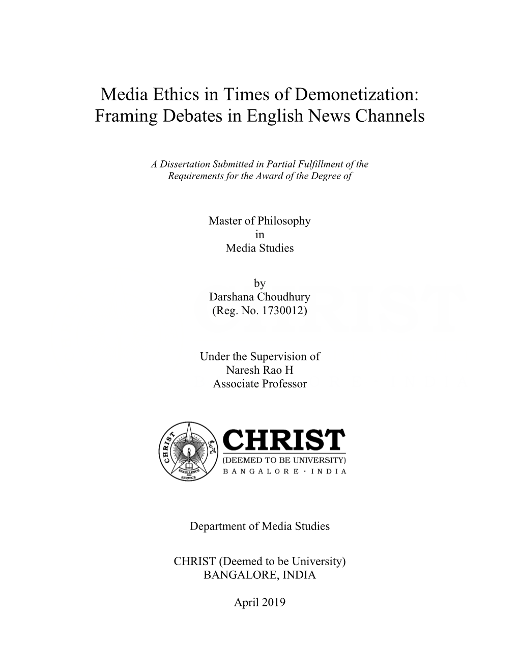 Media Ethics in Times of Demonetization: Framing Debates in English News Channels