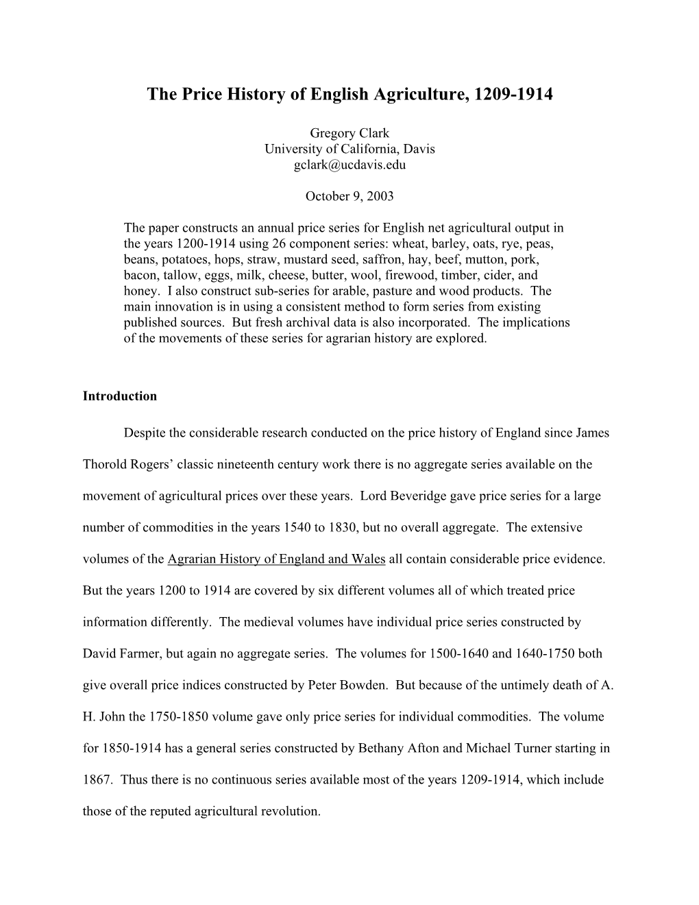 The Price History of English Agriculture, 1209-1914