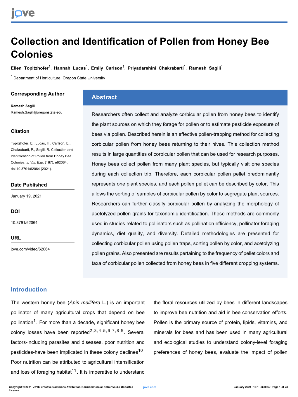 Collection and Identification of Pollen from Honey Bee Colonies