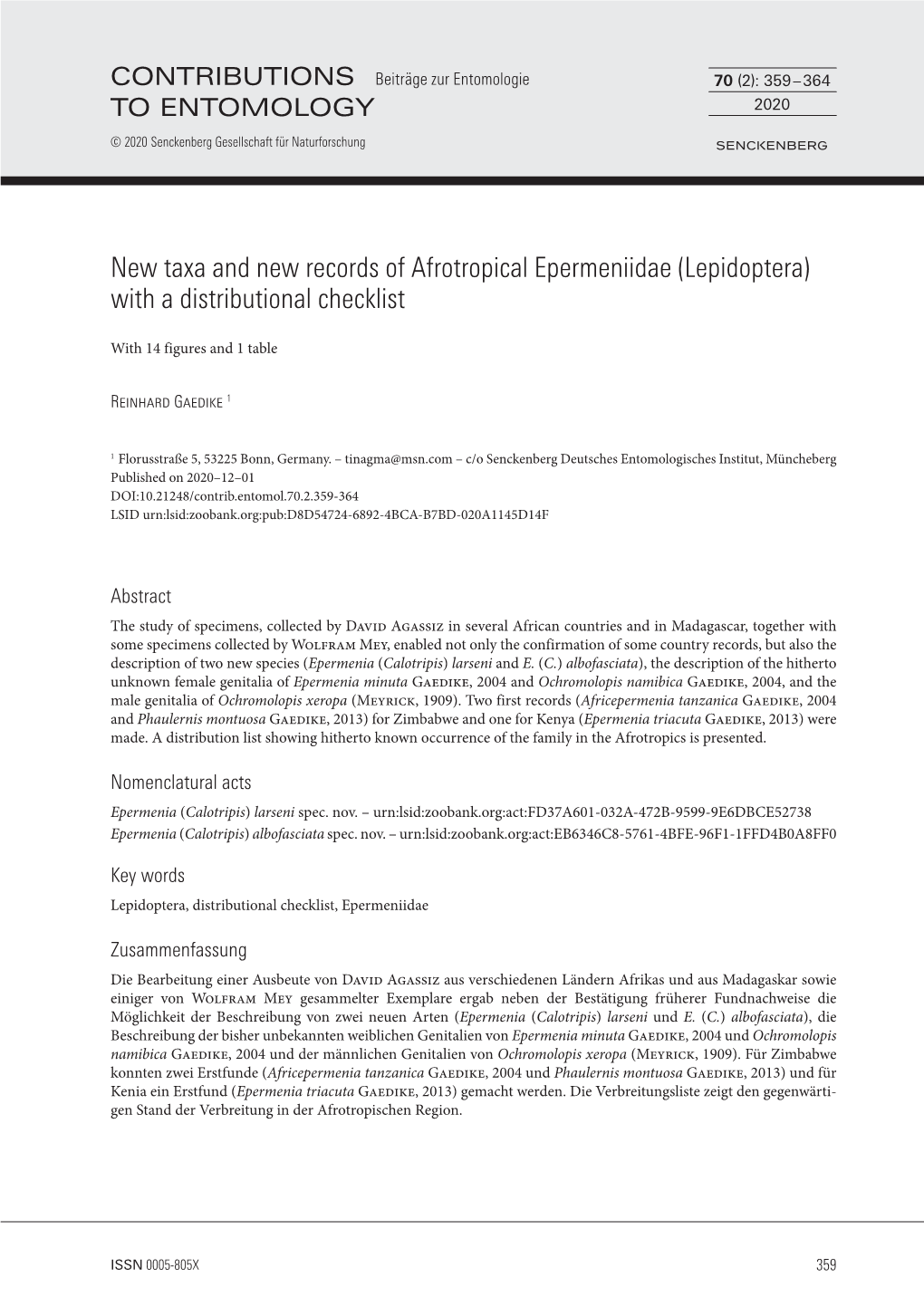 New Taxa and New Records of Afrotropical Epermeniidae (Lepidoptera) with a Distributional Checklist