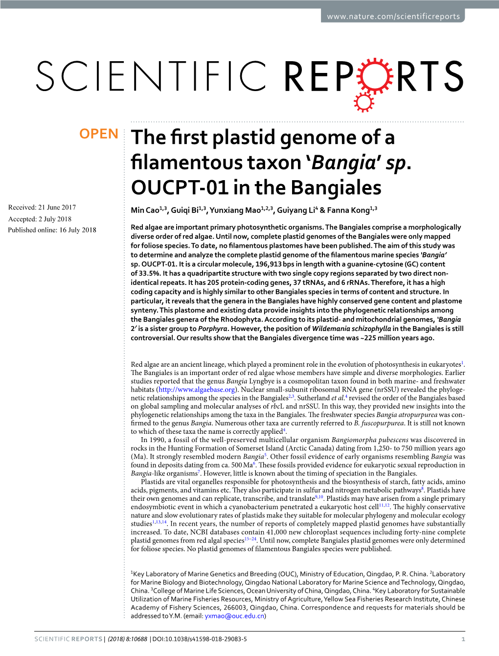 The First Plastid Genome of a Filamentous Taxon 'Bangia' Sp