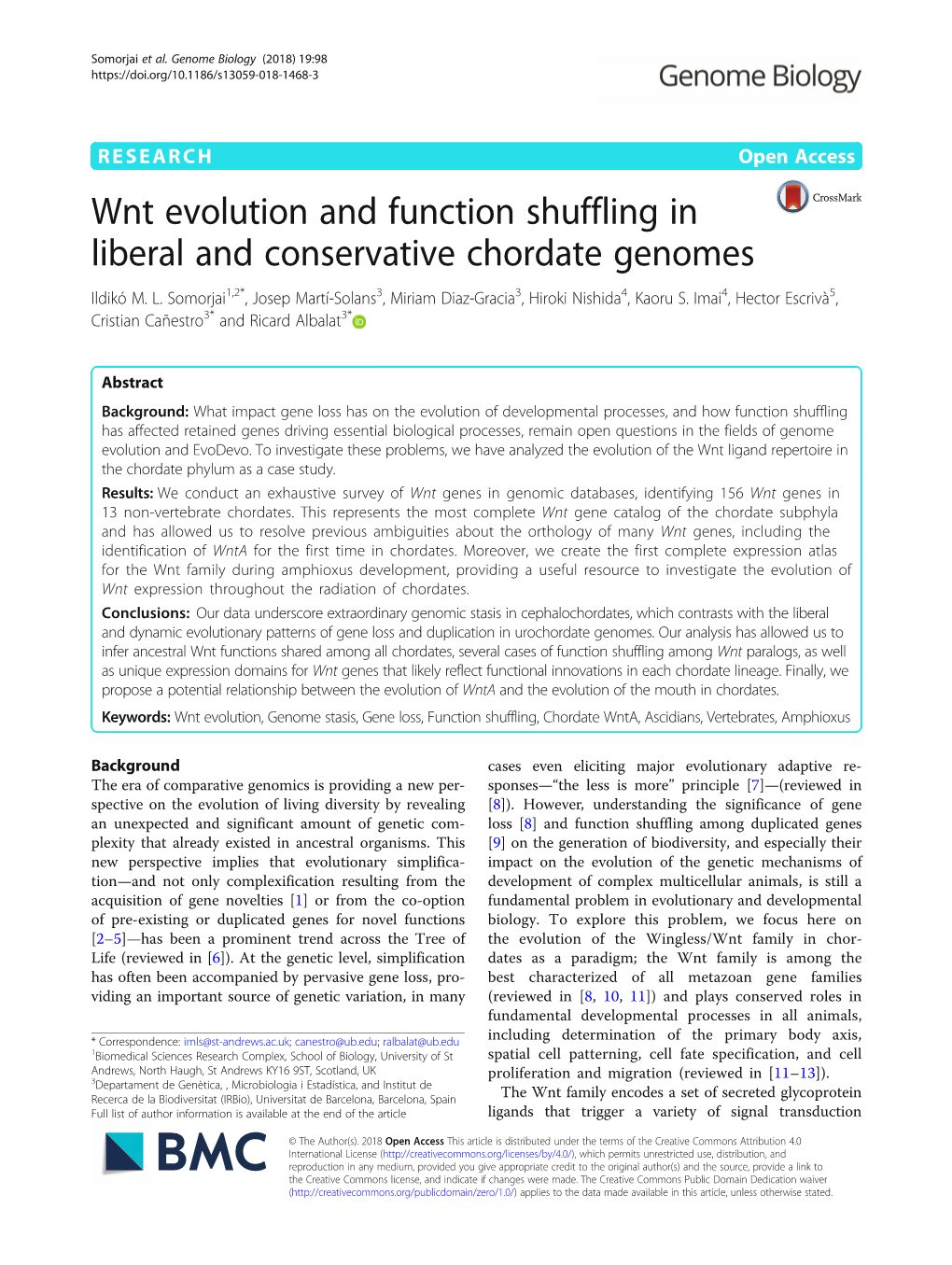 Wnt Evolution and Function Shuffling in Liberal and Conservative Chordate Genomes Ildikó M
