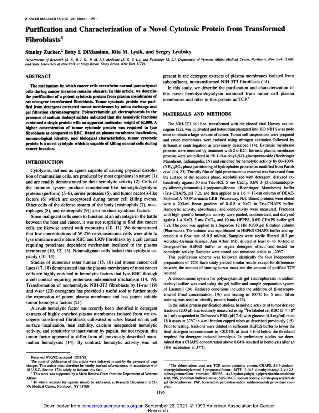 Purification and Characterization of a Novel Cytotoxic Protein from Transformed Fibroblasts1