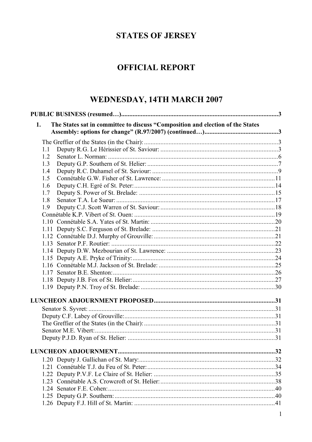 States of Jersey Official Report Wednesday, 14Th March 2007