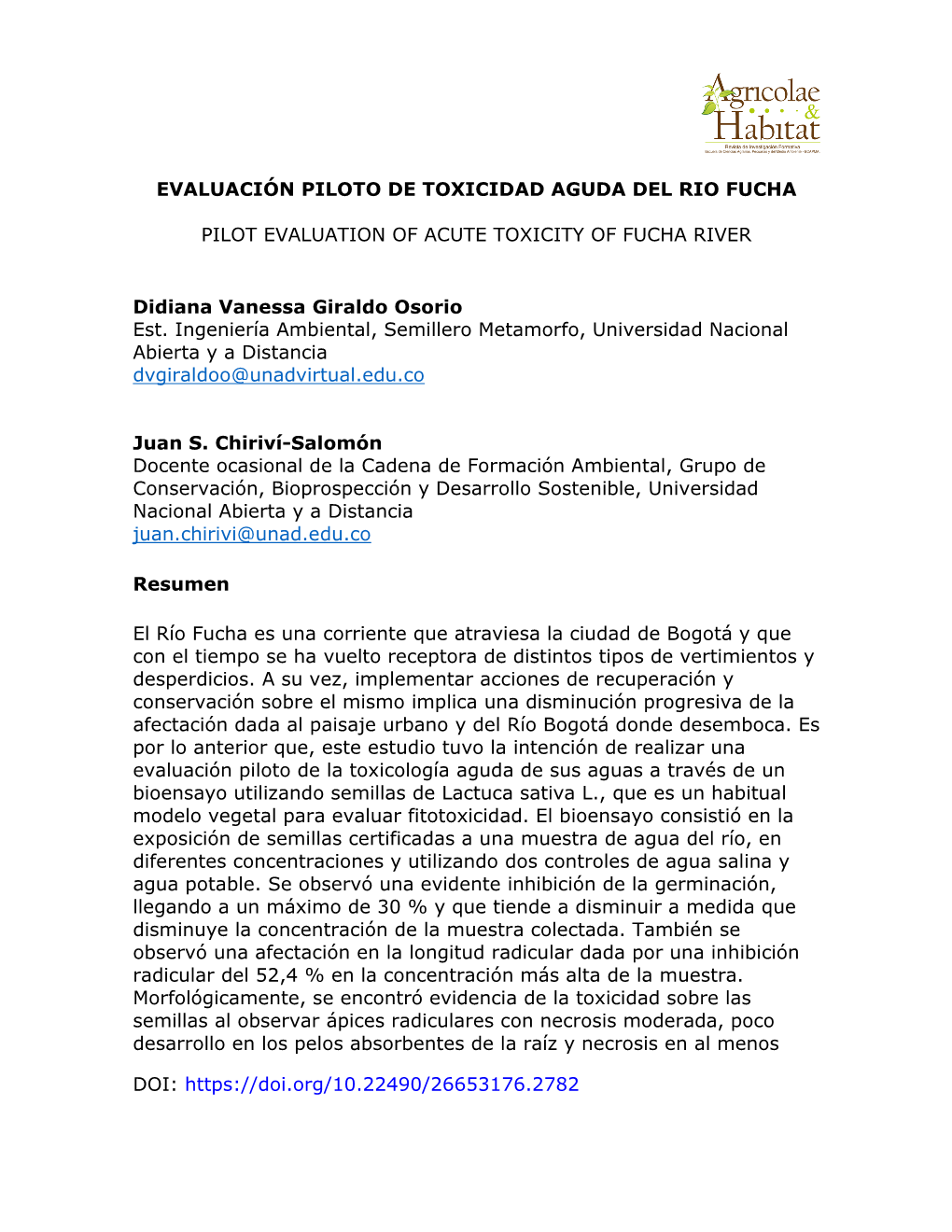 Evaluación Piloto De Toxicidad Aguda Del Rio Fucha