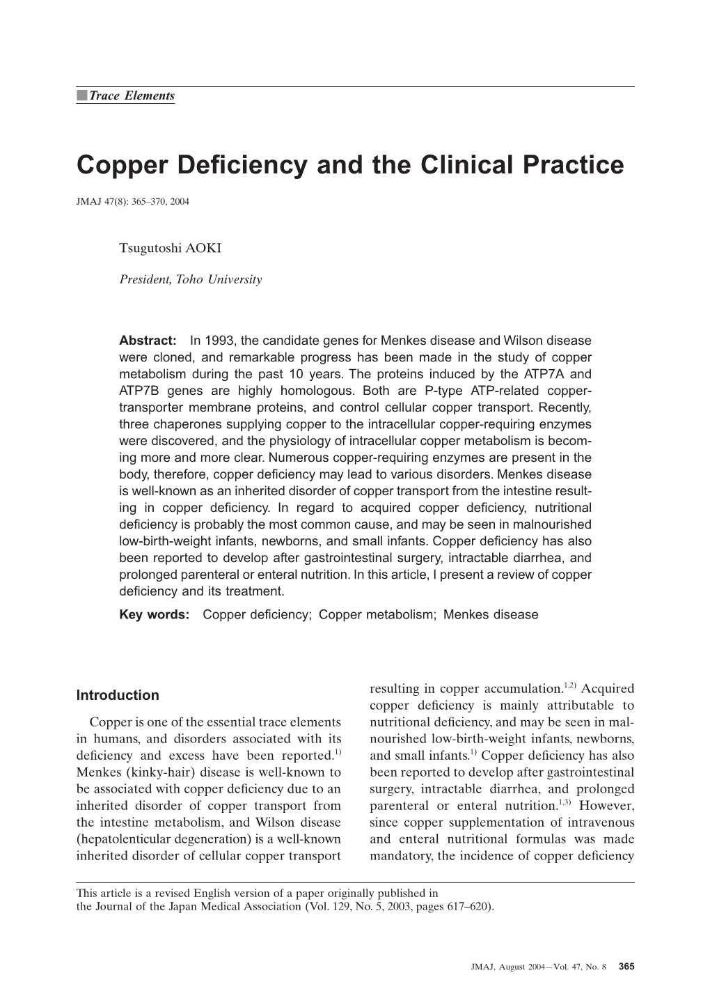 Copper Deficiency and the Clinical Practice