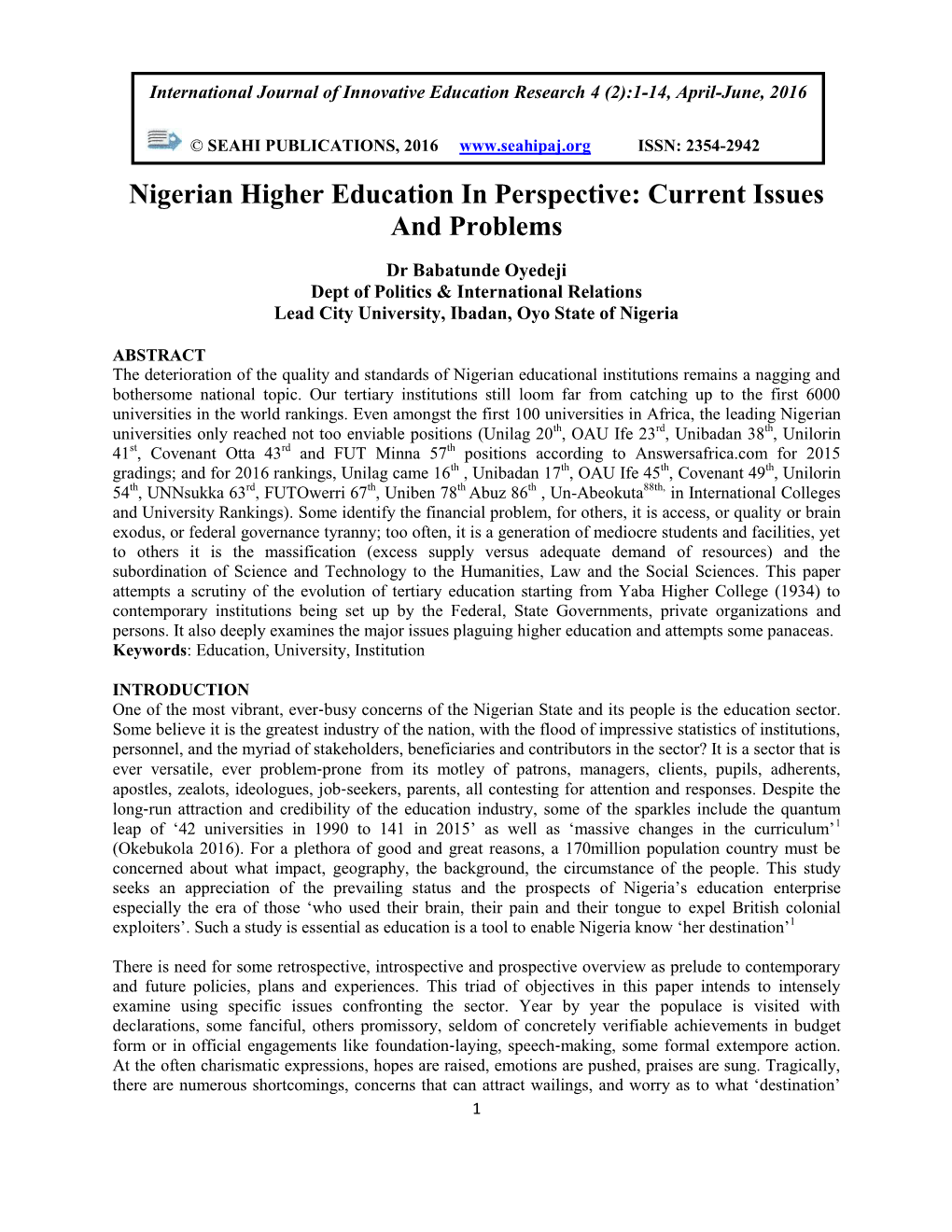 Nigerian Higher Education in Perspective: Current Issues and Problems