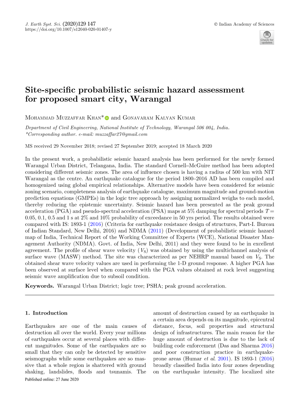 Site-Specific Probabilistic Seismic Hazard Assessment for Proposed Smart City, Warangal