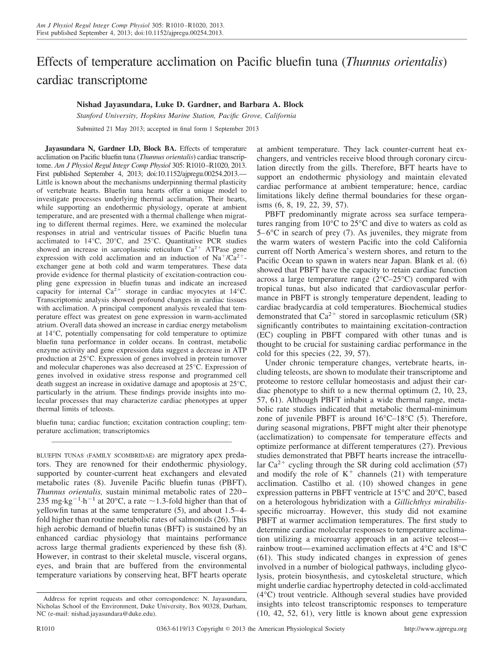 Effects of Temperature Acclimation on Pacific Bluefin Tuna (Thunnus