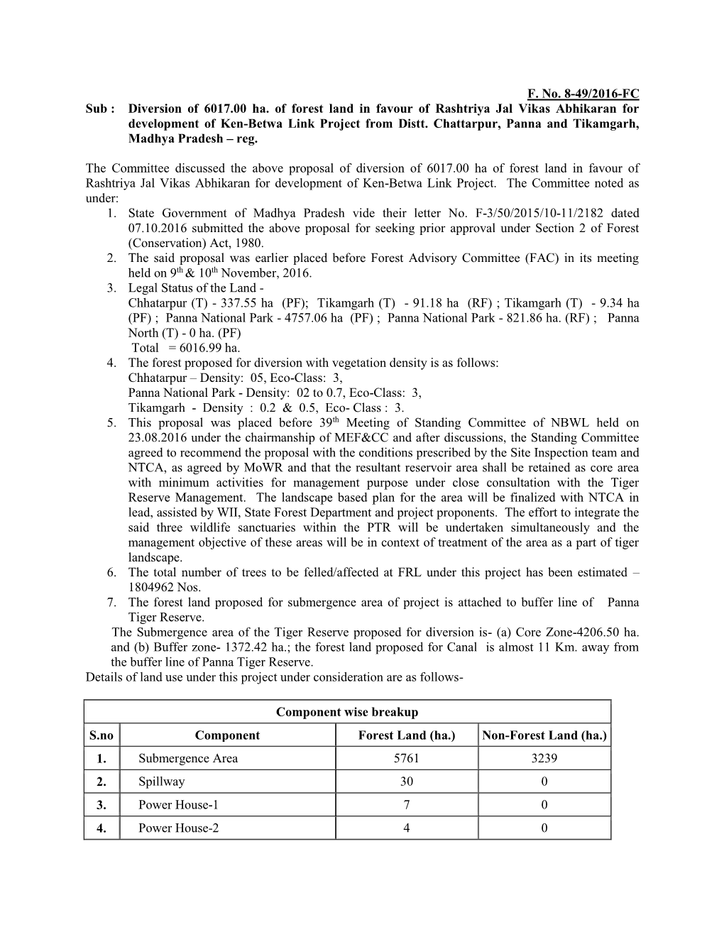 F. No. 8-49/2016-FC Sub : Diversion of 6017.00 Ha. of Forest Land in Favour of Rashtriya Jal Vikas Abhikaran for Development of Ken-Betwa Link Project from Distt