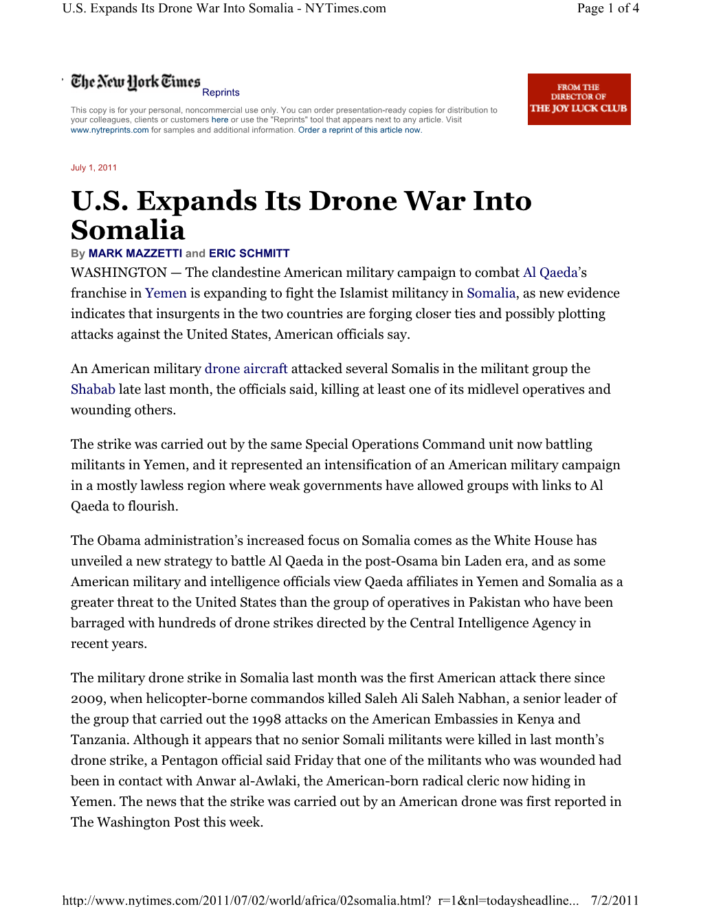 U.S. Expands Its Drone War Into Somalia - Nytimes.Com Page 1 of 4