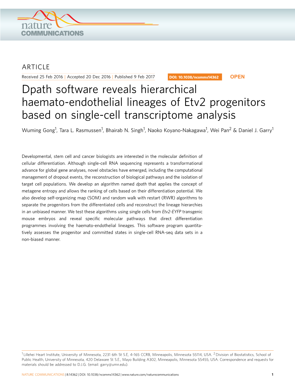 Dpath Software Reveals Hierarchical Haemato-Endothelial Lineages of Etv2 Progenitors Based on Single-Cell Transcriptome Analysis