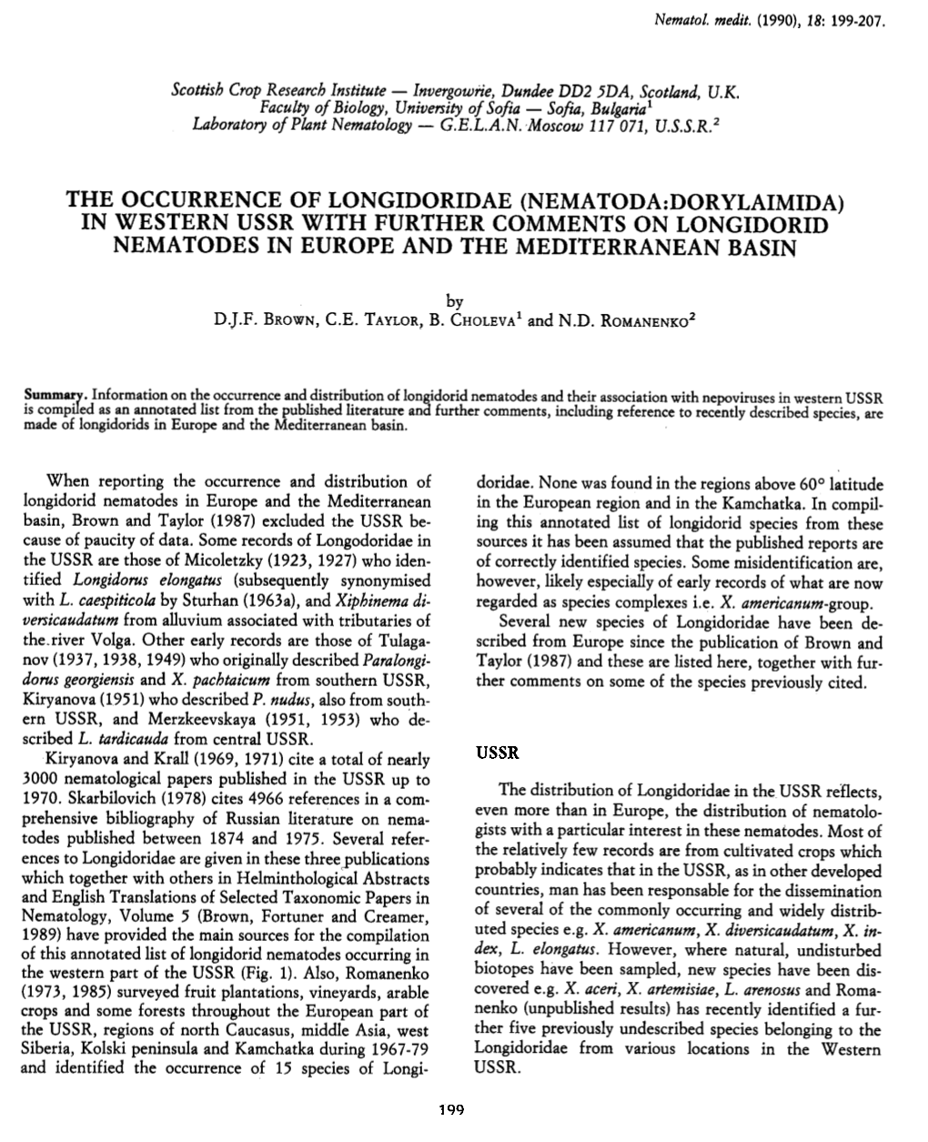 The Occurrence of Longidoridae (Nema Toda:Dorylaimida) in Western Ussr with Further Comments on Longidorid Nema Todes in Europe and the Mediterranean Basin