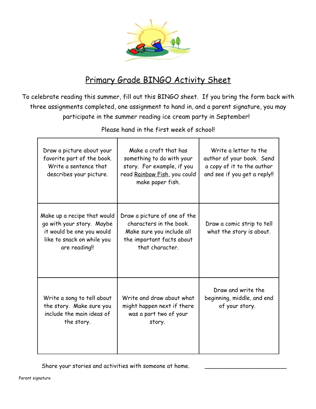 Primary Grade BINGO Activity Sheet