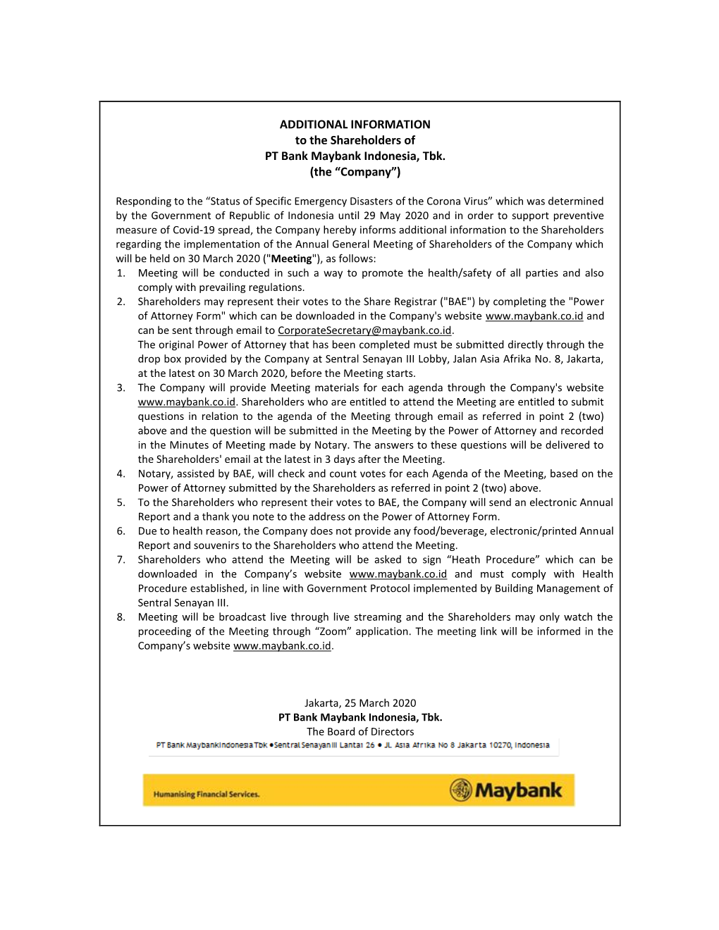 ADDITIONAL INFORMATION to the Shareholders of PT Bank Maybank Indonesia, Tbk. (The “Company”)