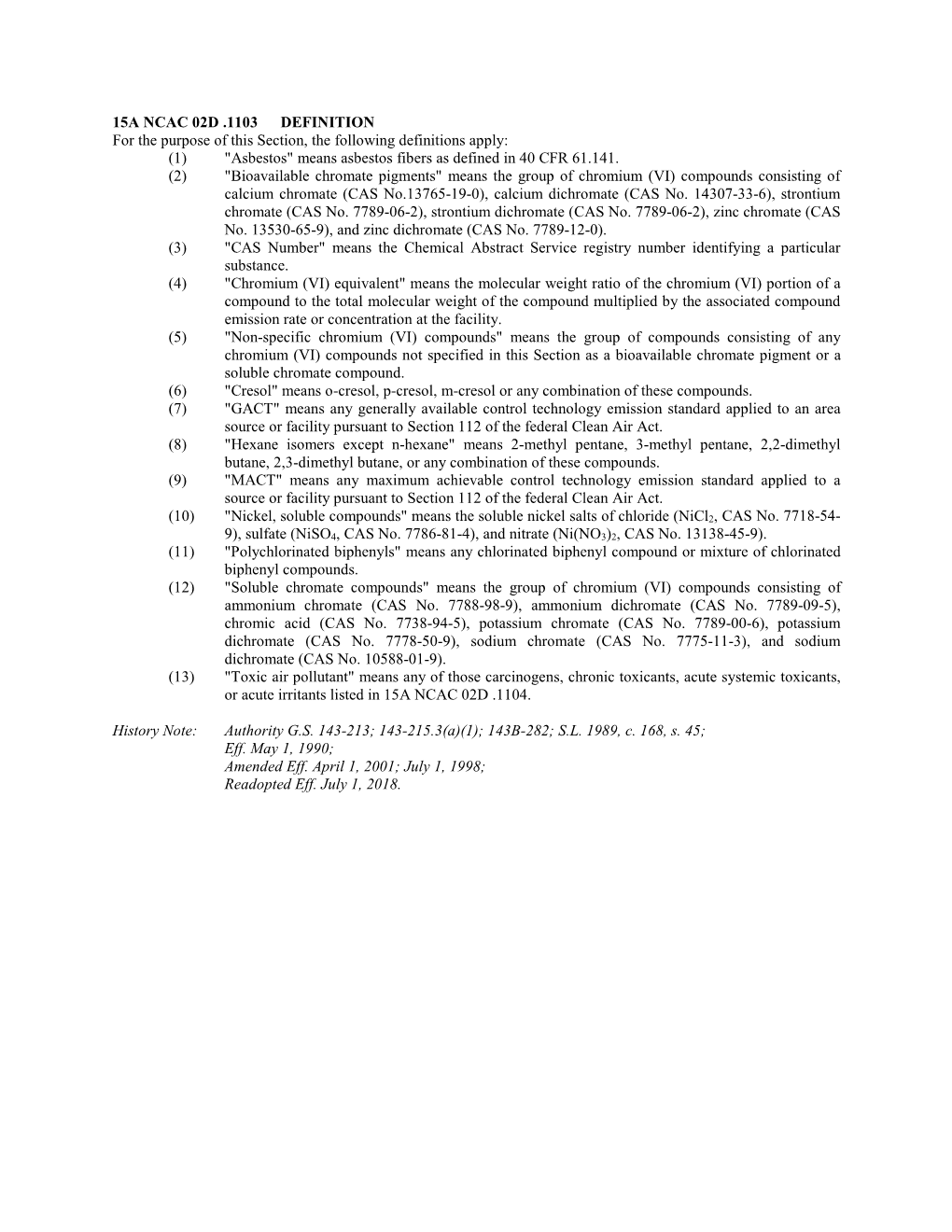 15A NCAC 02D .1103 DEFINITION for the Purpose of This Section, the Following Definitions Apply: (1) 