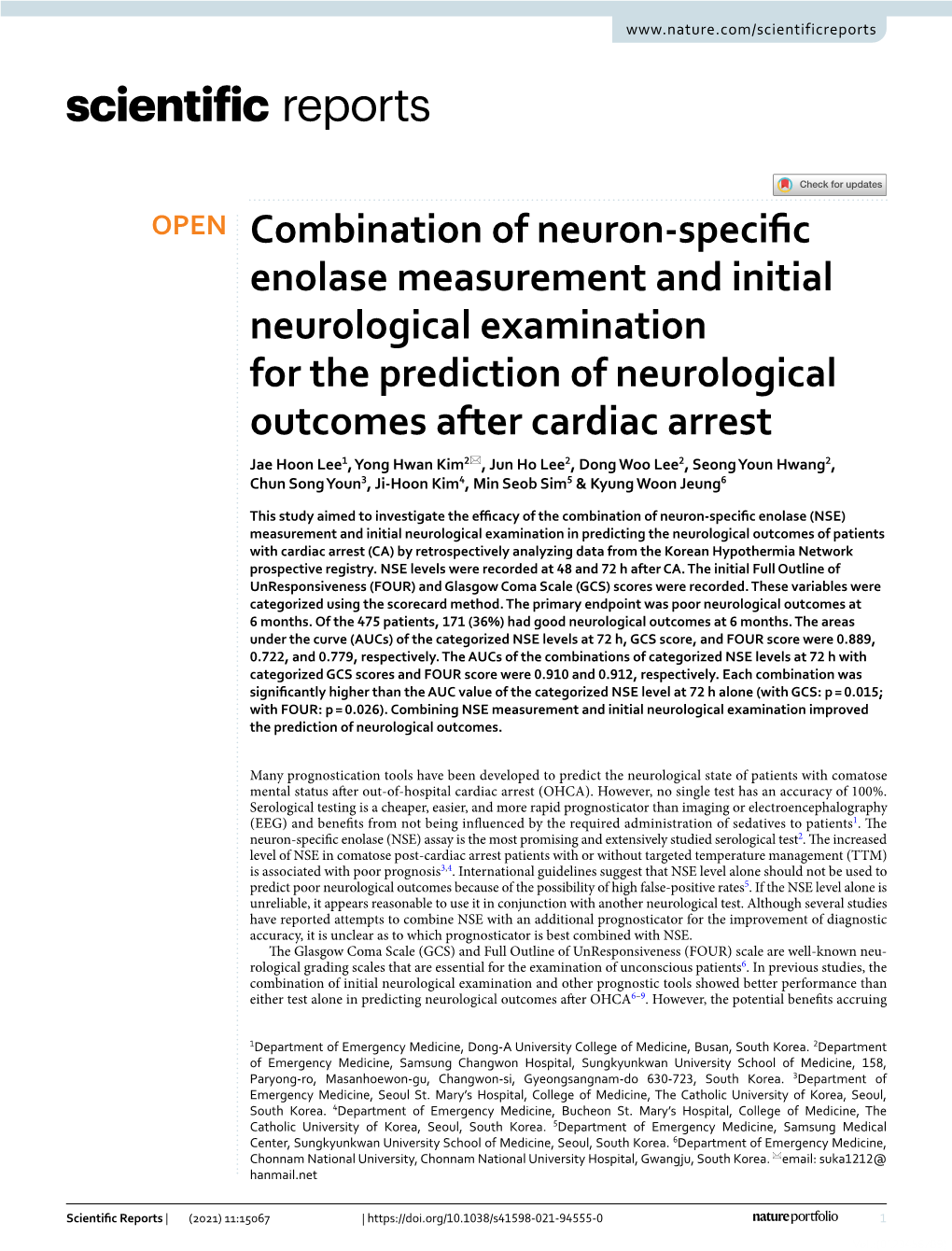 Combination of Neuron-Specific Enolase Measurement and Initial