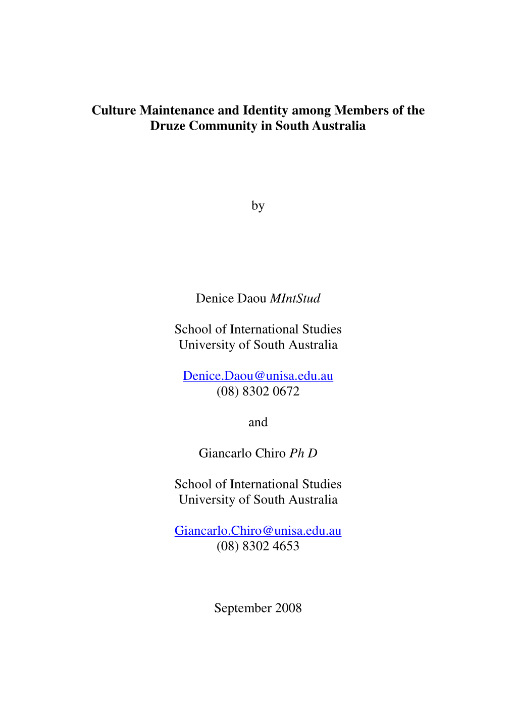 Culture Maintenance and Identity Among Members of the Druze Community in South Australia