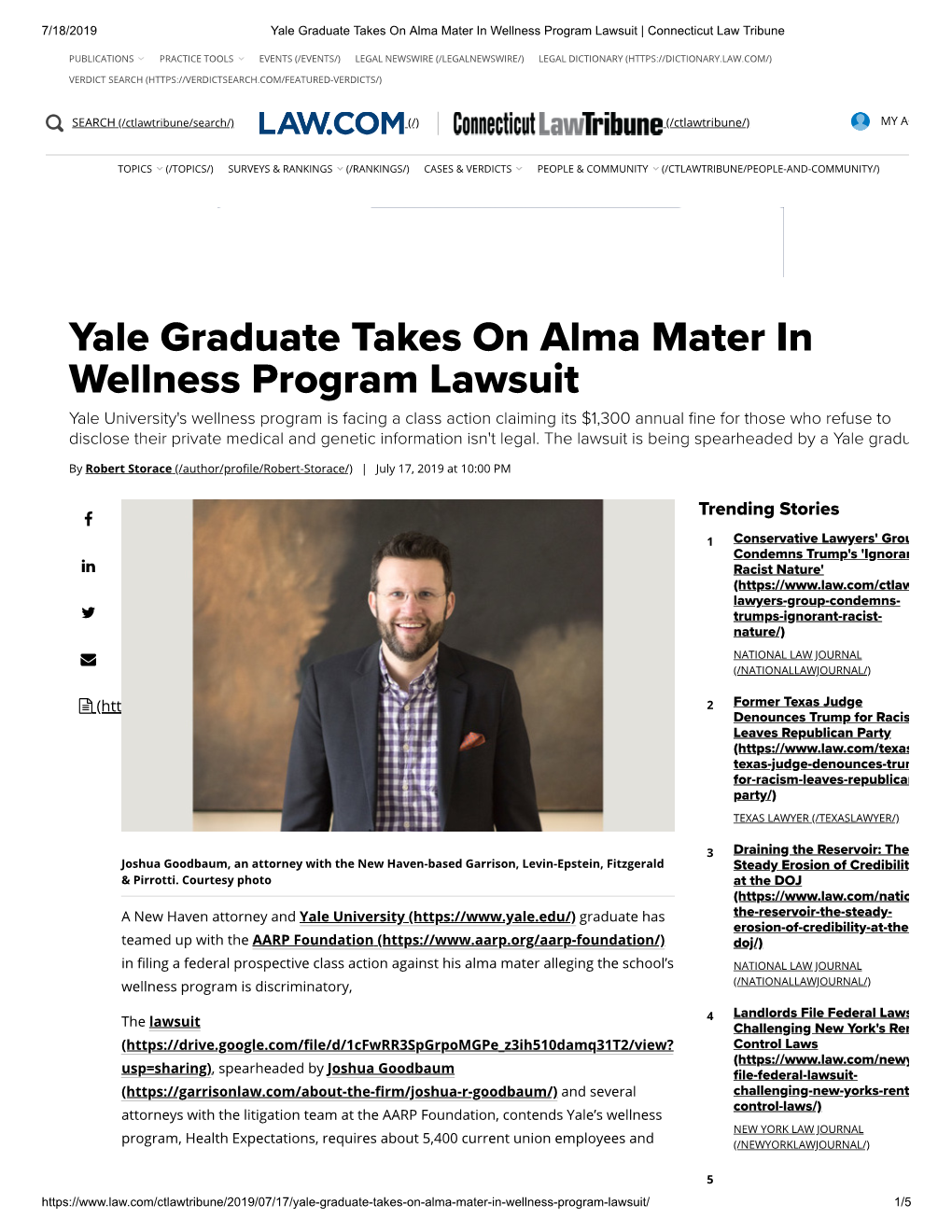 Yale Graduate Takes on Alma Mater in Wellness Program Lawsuit | Connecticut Law Tribune