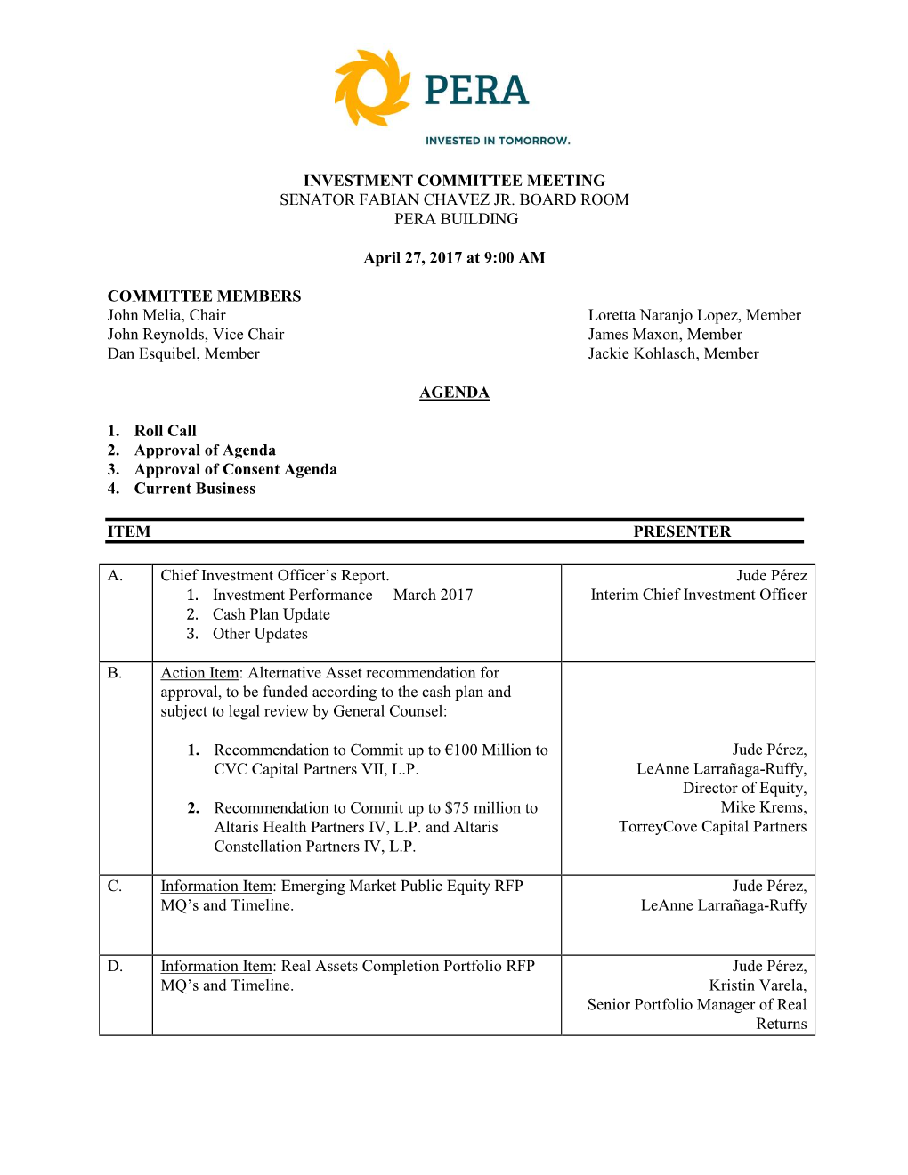 Investment Committee Meeting April 27, 2017