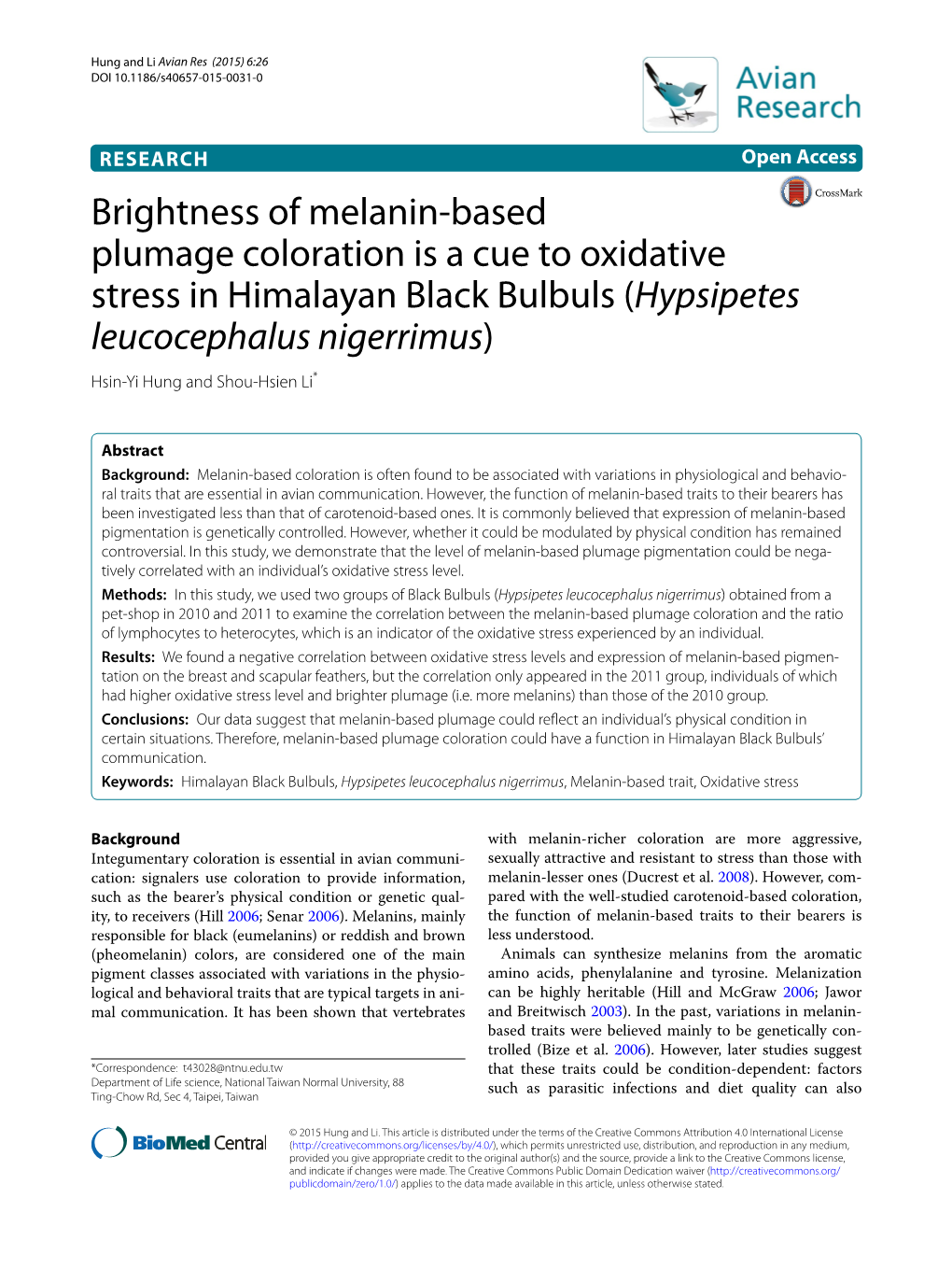 Hypsipetes Leucocephalus Nigerrimus) Hsin‑Yi Hung and Shou‑Hsien Li*