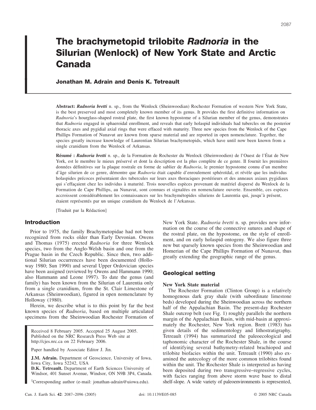 The Brachymetopid Trilobite Radnoria in the Silurian (Wenlock) of New York State and Arctic Canada