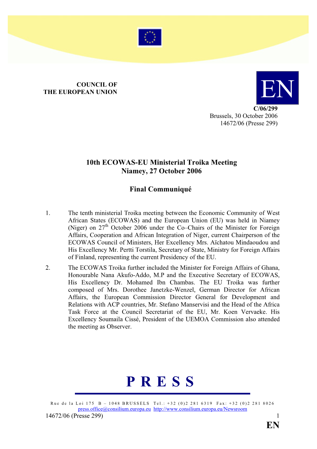 10Th ECOWAS-EU Ministerial Troika Meeting Niamey, 27 October 2006