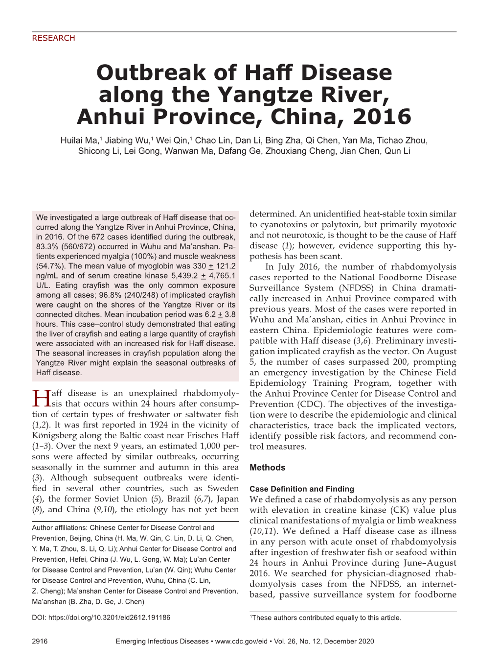 Outbreak of Haff Disease Along the Yangtze River, Anhui Province