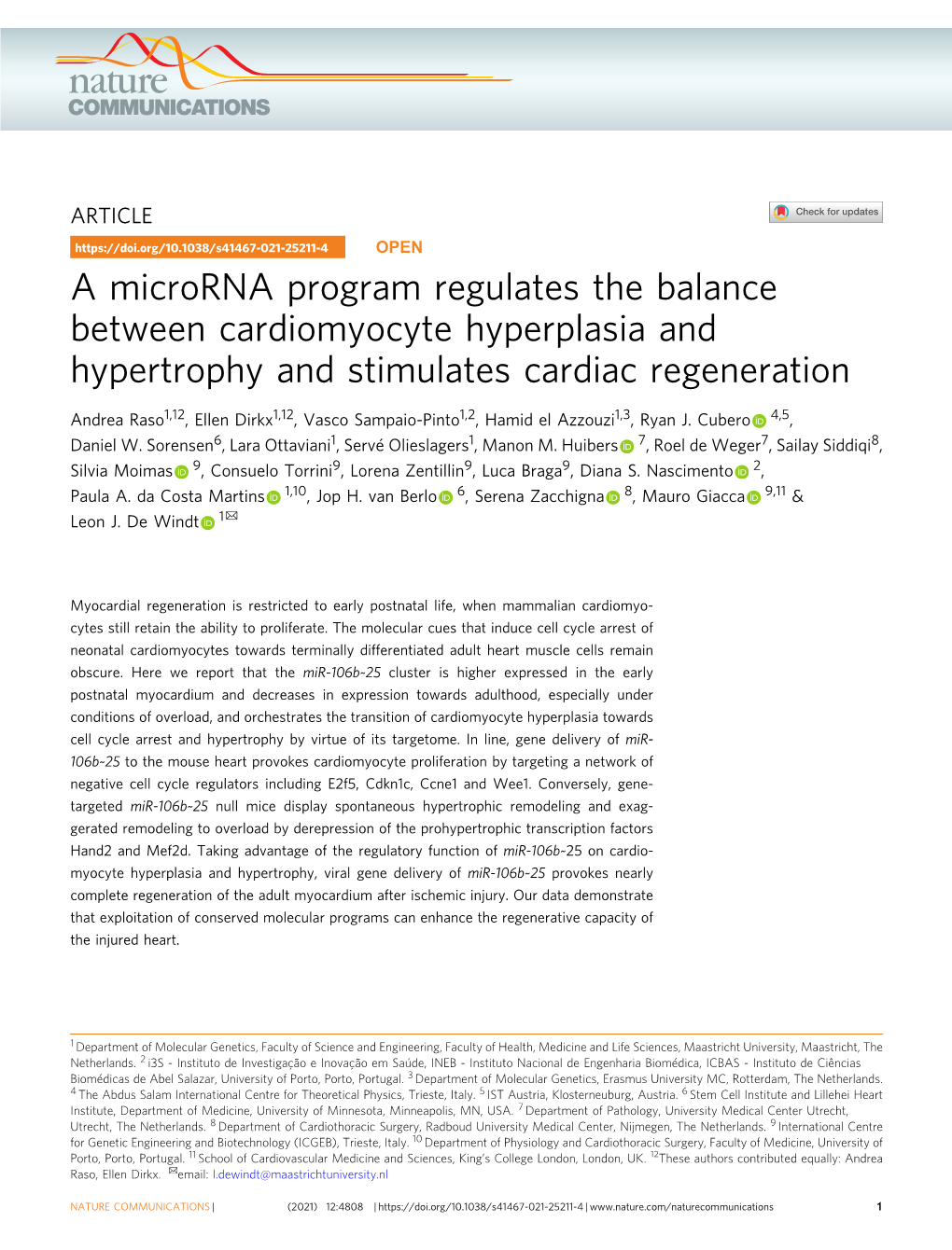 A Microrna Program Regulates the Balance Between Cardiomyocyte Hyperplasia and Hypertrophy and Stimulates Cardiac Regeneration