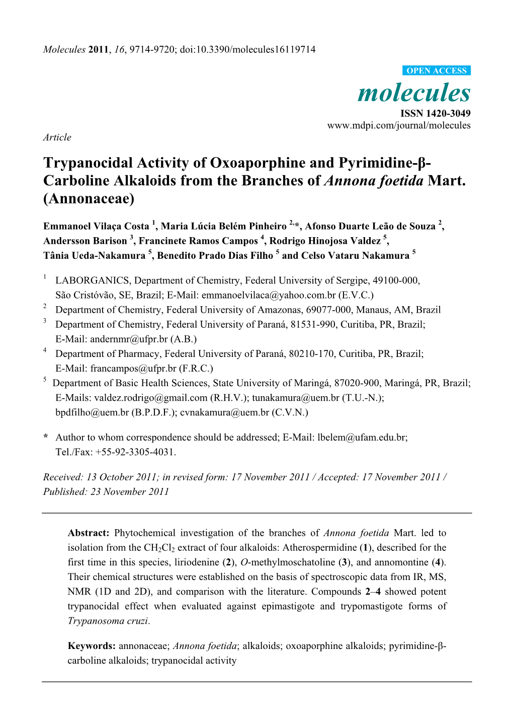 Trypanocidal Activity of Oxoaporphine and Pyrimidine-Β-Carboline