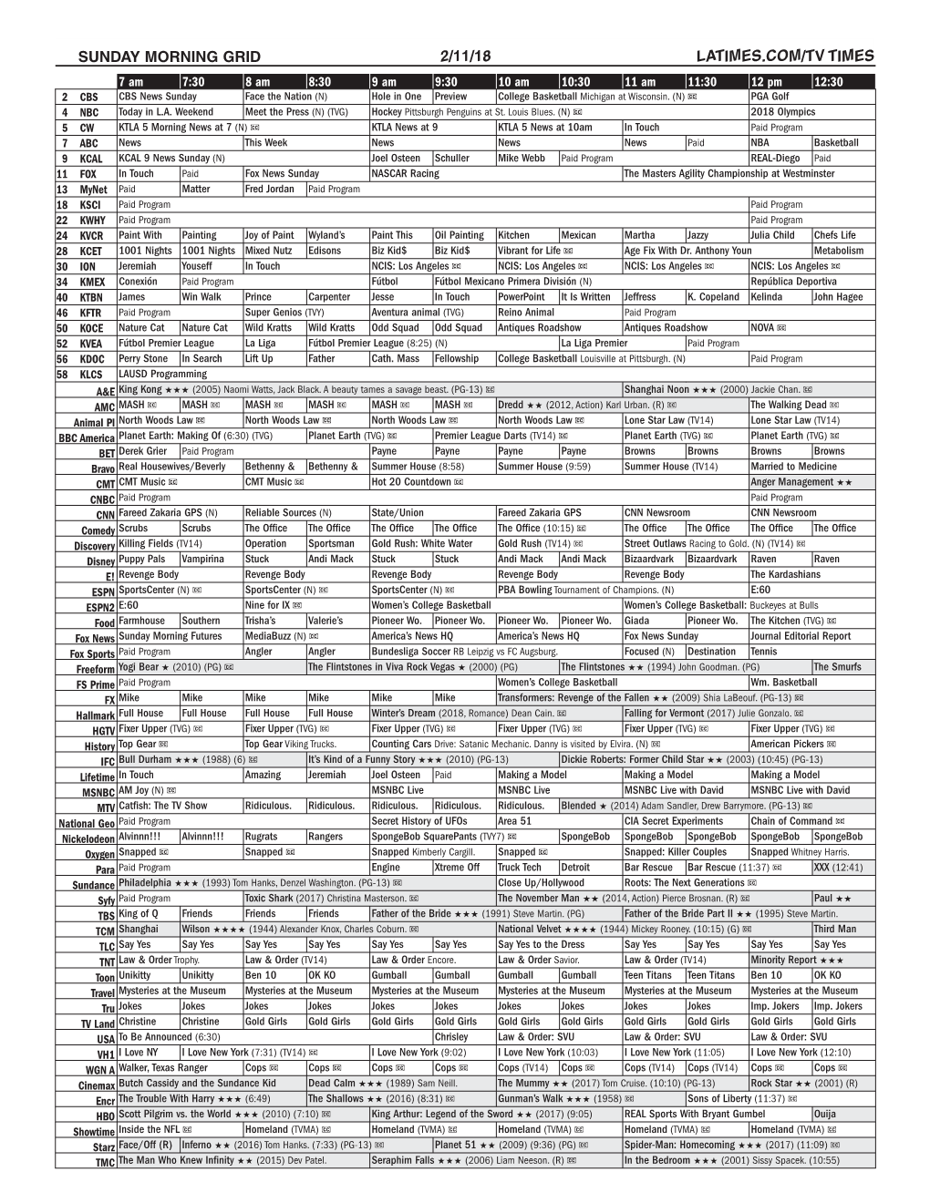 Sunday Morning Grid 2/11/18 Latimes.Com/Tv Times