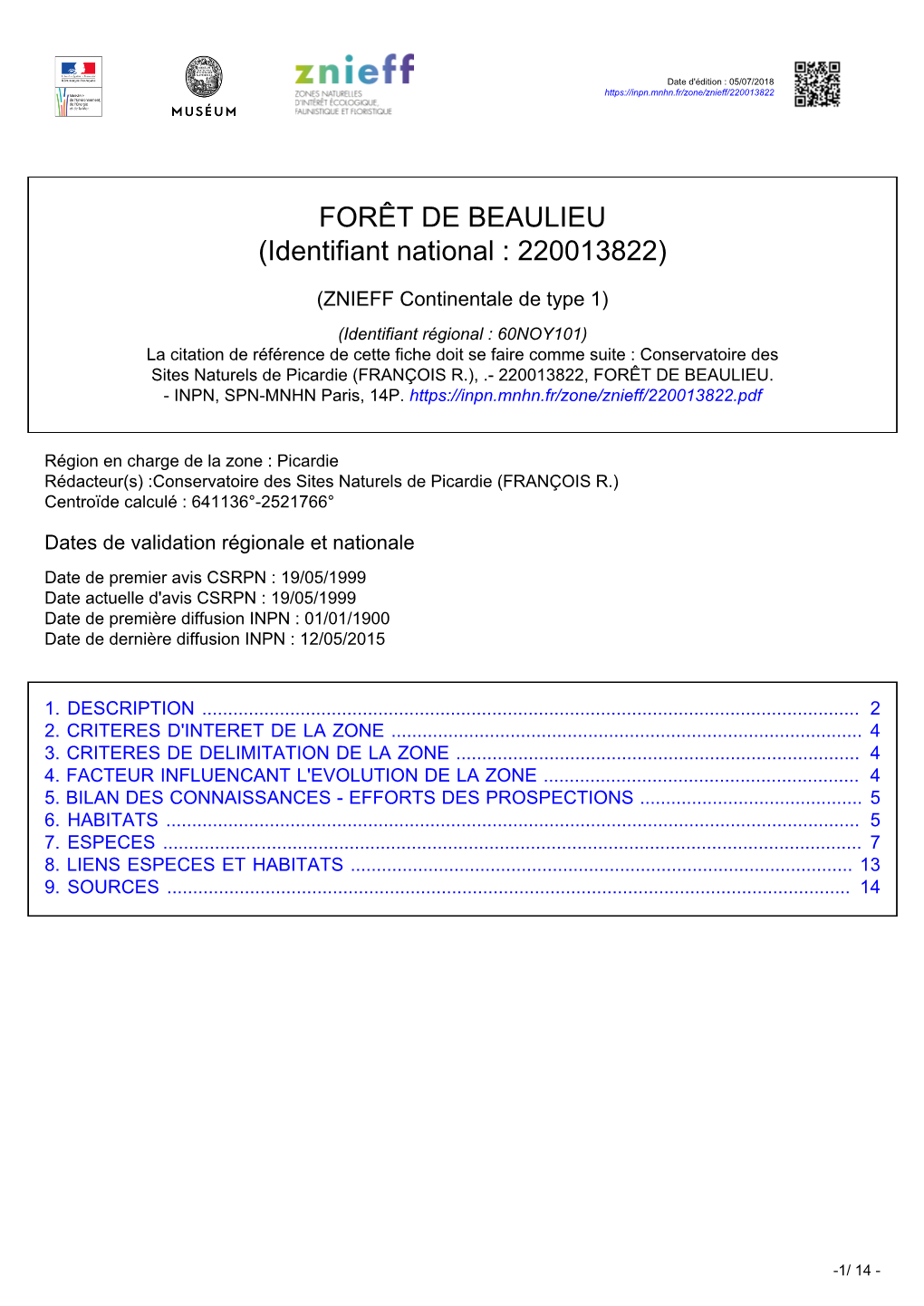 FORÊT DE BEAULIEU (Identifiant National : 220013822)