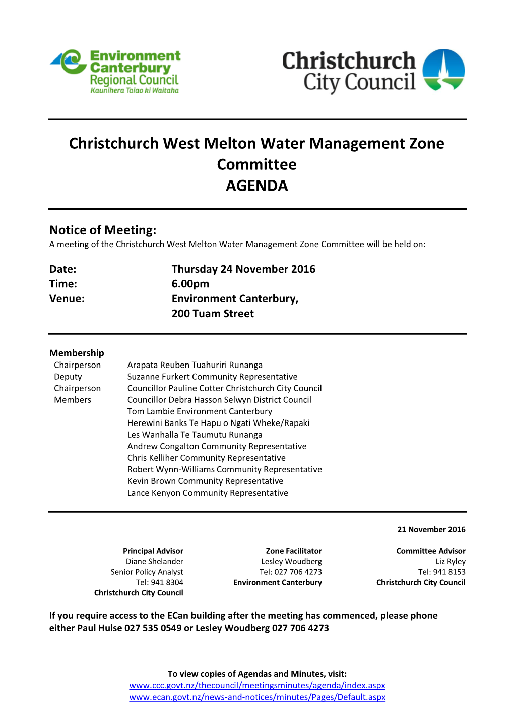 Agenda of Christchurch West Melton Water Management Zone Committee